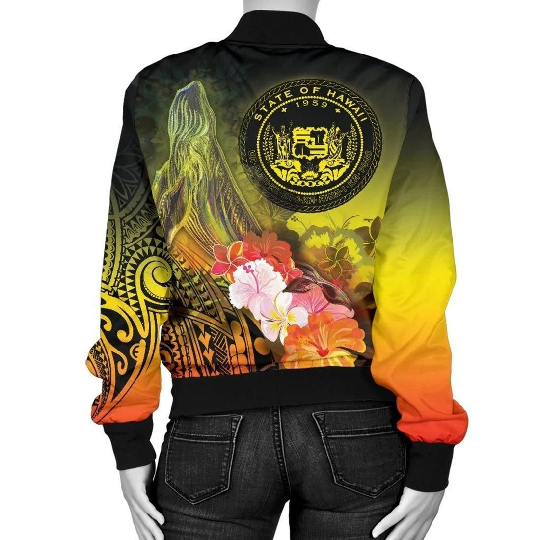 FUNSTUFFPRINT Polynesian Hawaii Custom Personalised Women's Bomber Jacket - Humpback Whale with Tropical Flowers (Yellow)- 3D Bomber Jacket