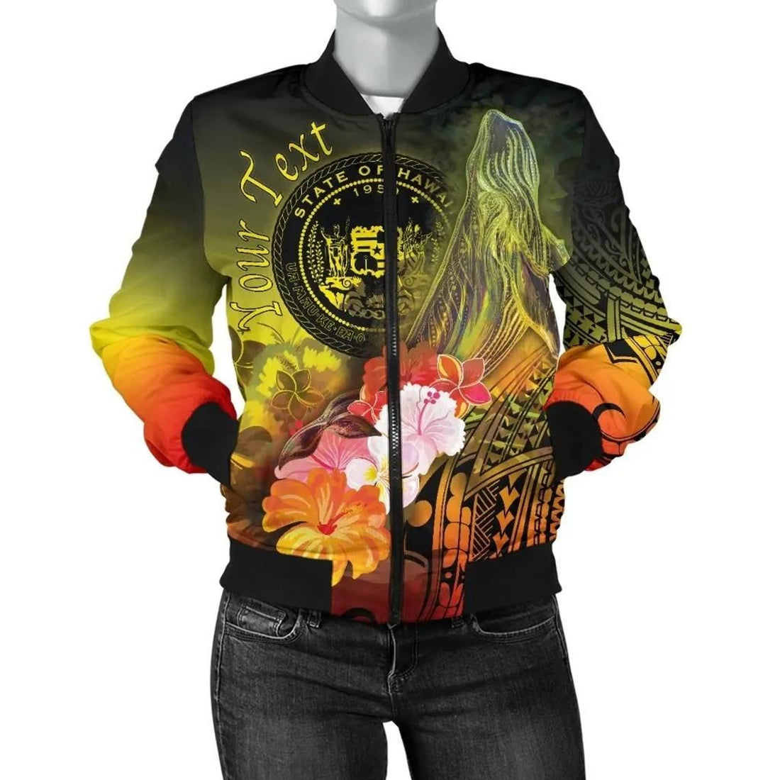 FUNSTUFFPRINT Polynesian Hawaii Custom Personalised Women's Bomber Jacket - Humpback Whale with Tropical Flowers (Yellow)- 3D Bomber Jacket