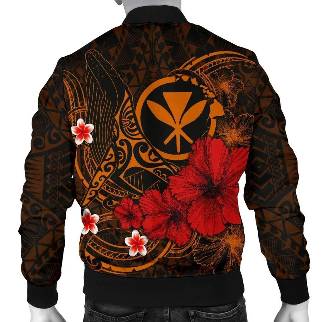 FUNSTUFFPRINT Polynesian Hawaii Kanaka Maoli Men's Bomber Jacket - Humpback Whale with Hibiscus (Golden) - 3D Bomber Jacket