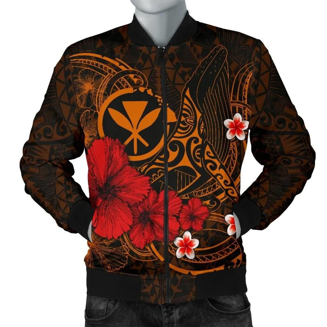 FUNSTUFFPRINT Polynesian Hawaii Kanaka Maoli Men's Bomber Jacket - Humpback Whale with Hibiscus (Golden) - 3D Bomber Jacket