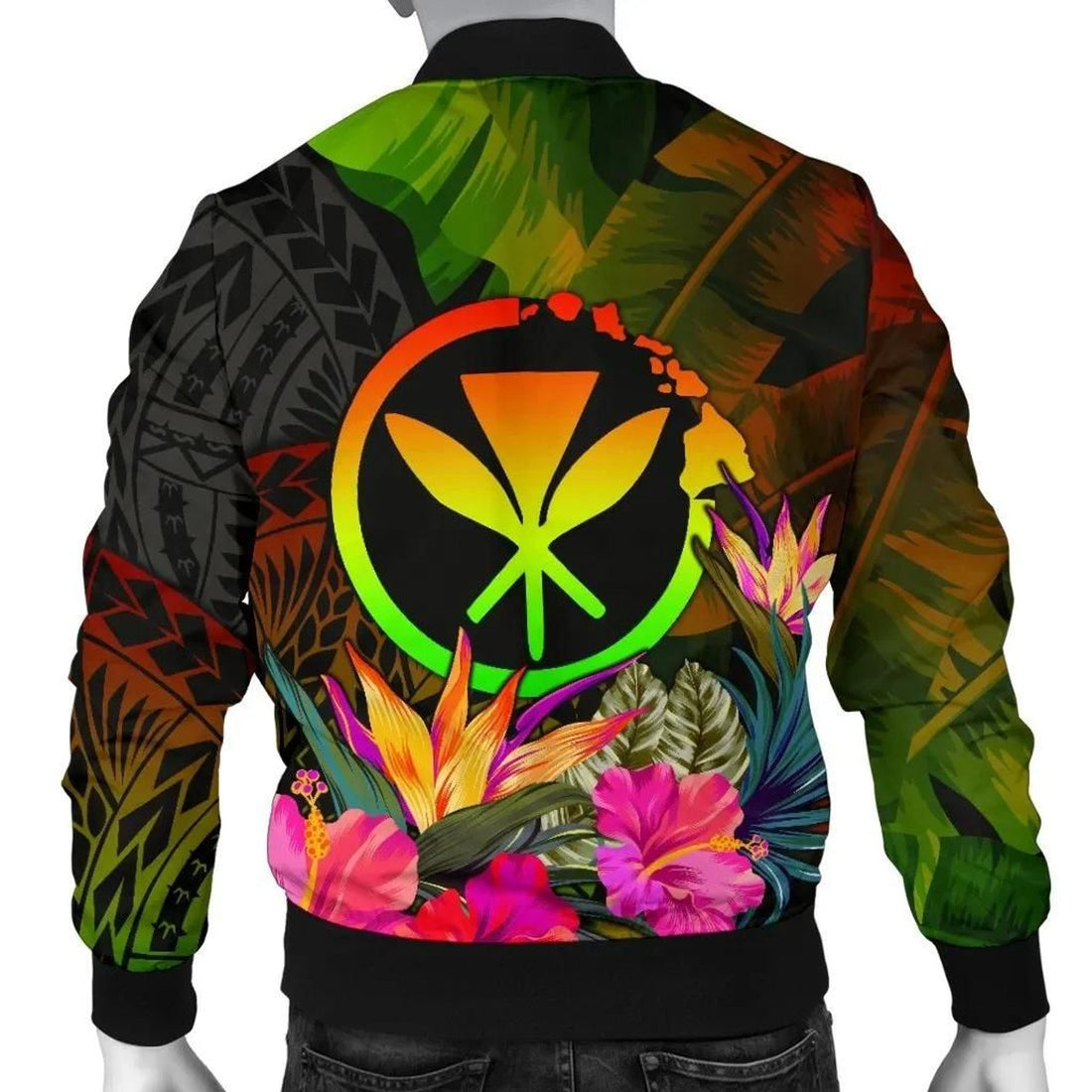 FUNSTUFFPRINT Polynesian Hawaii Kanaka Maoli Polynesian Personalised Men's Bomber Jacket - Hibiscus and Banana Leaves - 3D Bomber Jacket