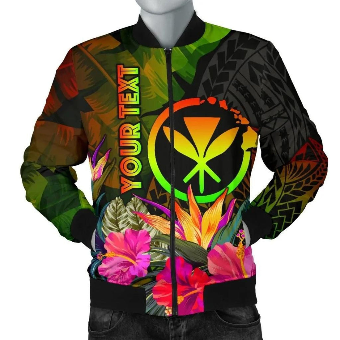 FUNSTUFFPRINT Polynesian Hawaii Kanaka Maoli Polynesian Personalised Men's Bomber Jacket - Hibiscus and Banana Leaves - 3D Bomber Jacket