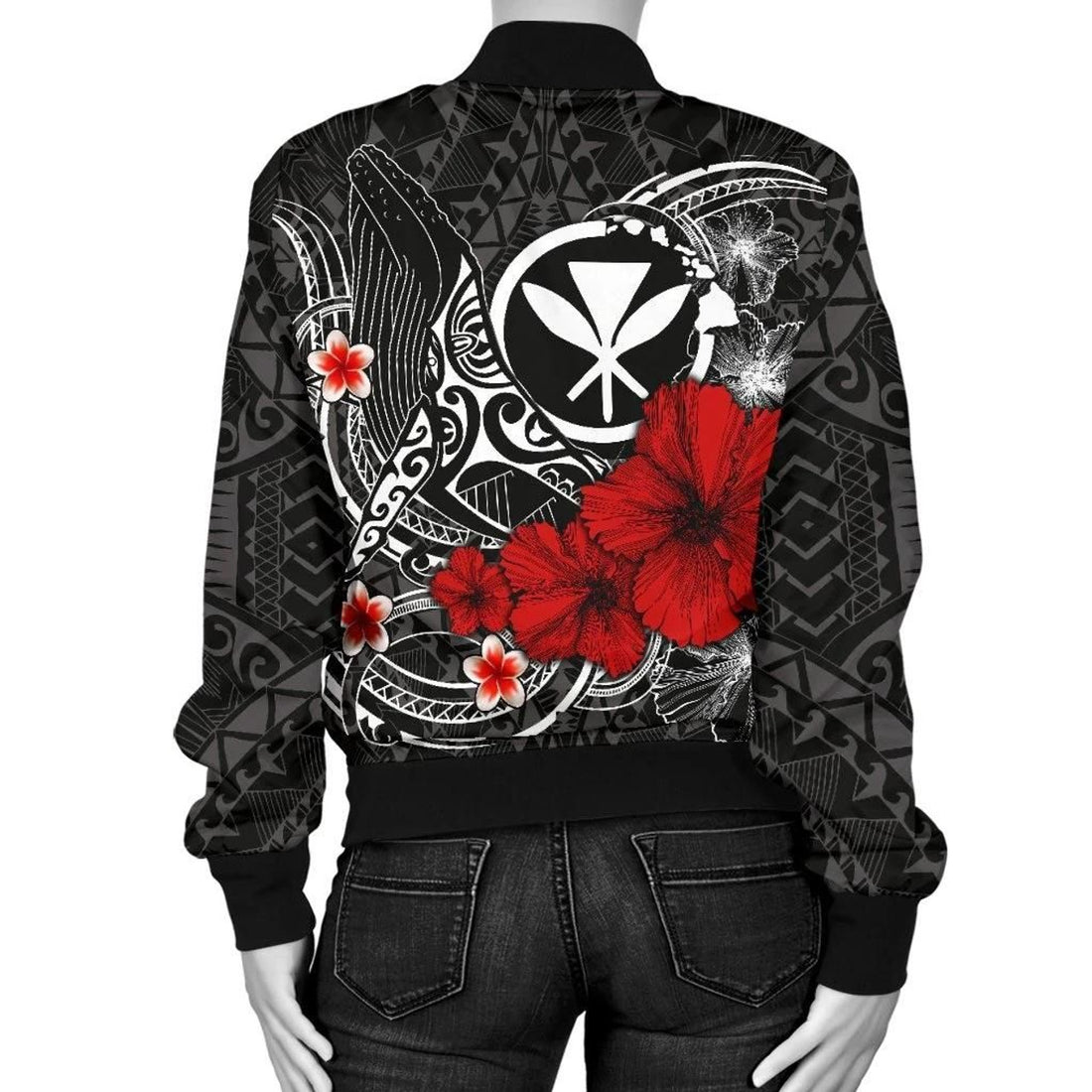 FUNSTUFFPRINT Polynesian Hawaii Kanaka Maoli Women's Bomber Jacket - Humpback Whale with Hibiscus (White) - 3D Bomber Jacket