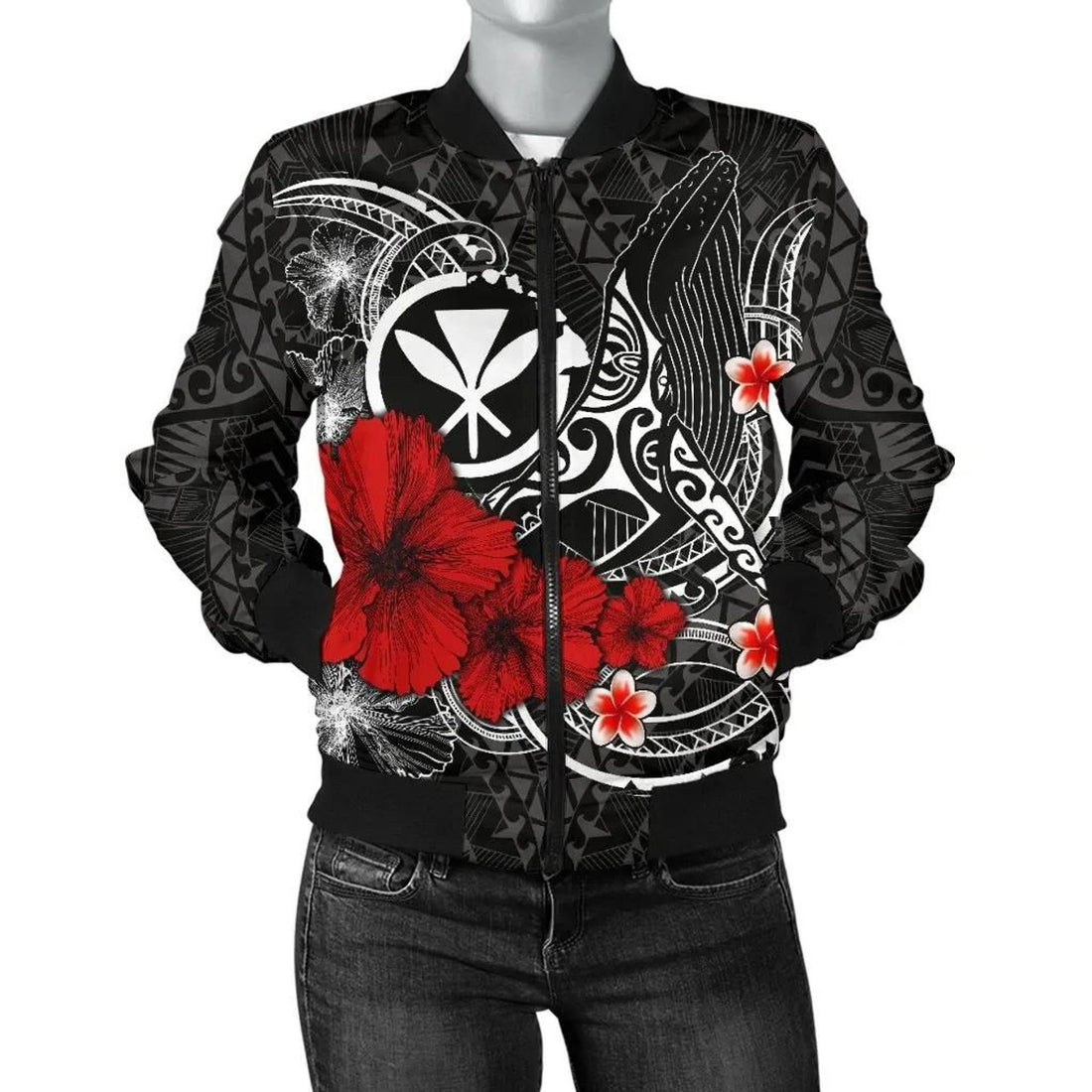FUNSTUFFPRINT Polynesian Hawaii Kanaka Maoli Women's Bomber Jacket - Humpback Whale with Hibiscus (White) - 3D Bomber Jacket