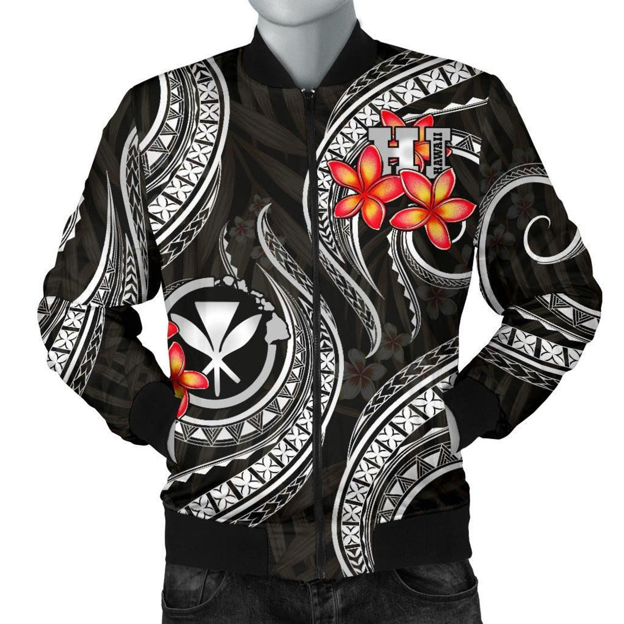 FUNSTUFFPRINT Polynesian Hawaii Men Bomber Jacket - Black Plumeria - 3D Bomber Jacket