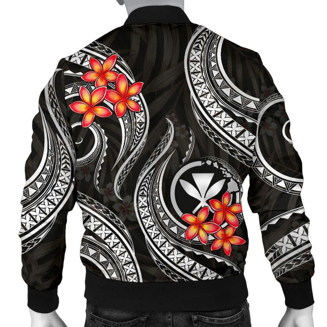 FUNSTUFFPRINT Polynesian Hawaii Men Bomber Jacket - Black Plumeria - 3D Bomber Jacket
