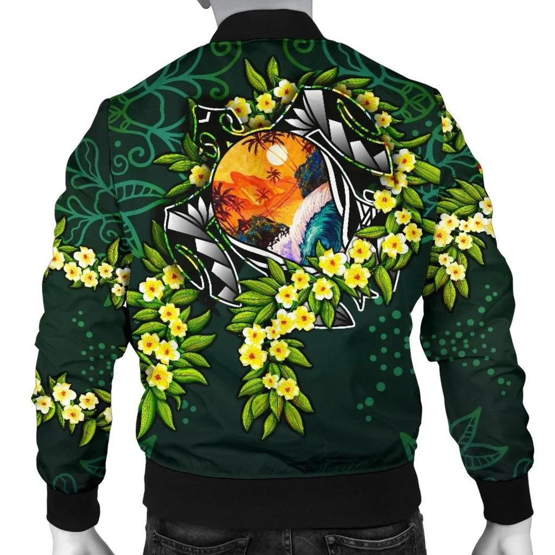 FUNSTUFFPRINT Polynesian Hawaii Men Bomber Jacket - Ti Leaf Lei Turtle - 3D Bomber Jacket