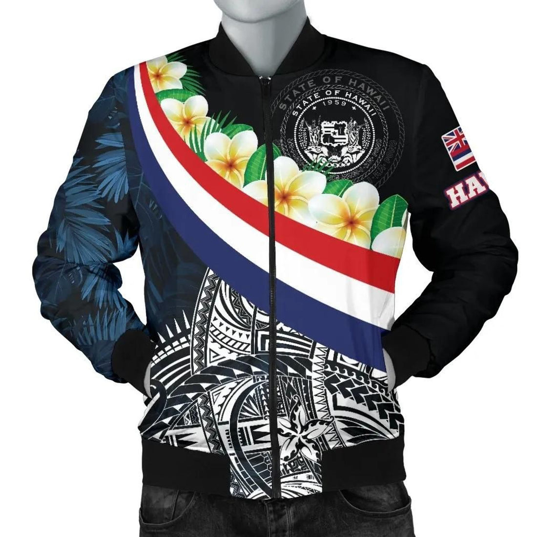 FUNSTUFFPRINT Polynesian Hawaii Men's Bomber Jacket - Hawaii Seal With Plumeria Style - 3D Bomber Jacket