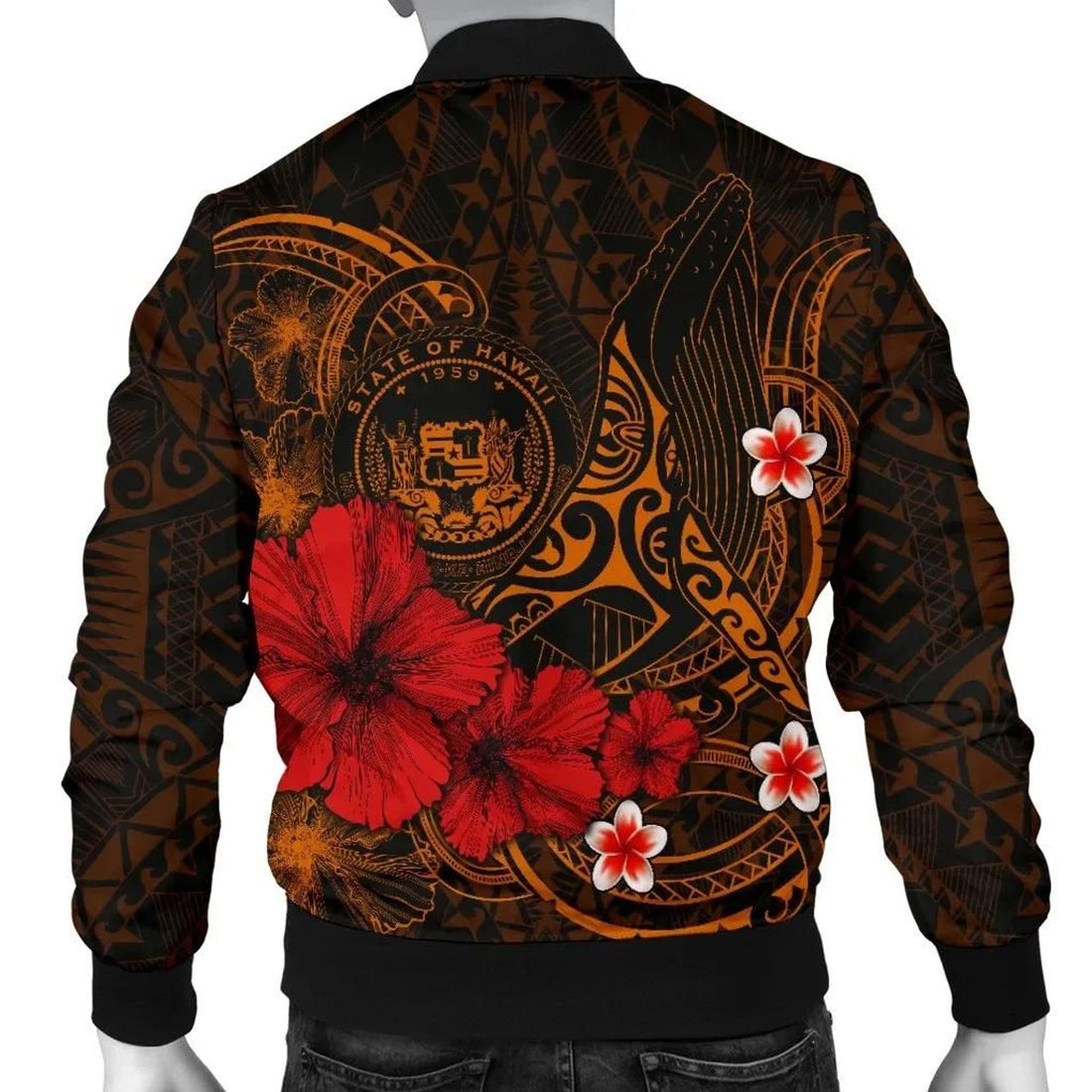 FUNSTUFFPRINT Polynesian Hawaii Men's Bomber Jacket - Humpback Whale with Hibiscus (Golden) - 3D Bomber Jacket