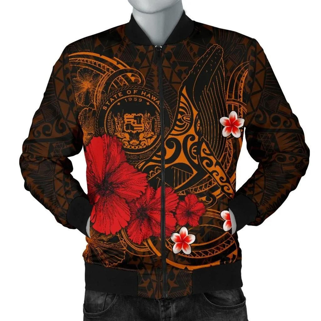 FUNSTUFFPRINT Polynesian Hawaii Men's Bomber Jacket - Humpback Whale with Hibiscus (Golden) - 3D Bomber Jacket