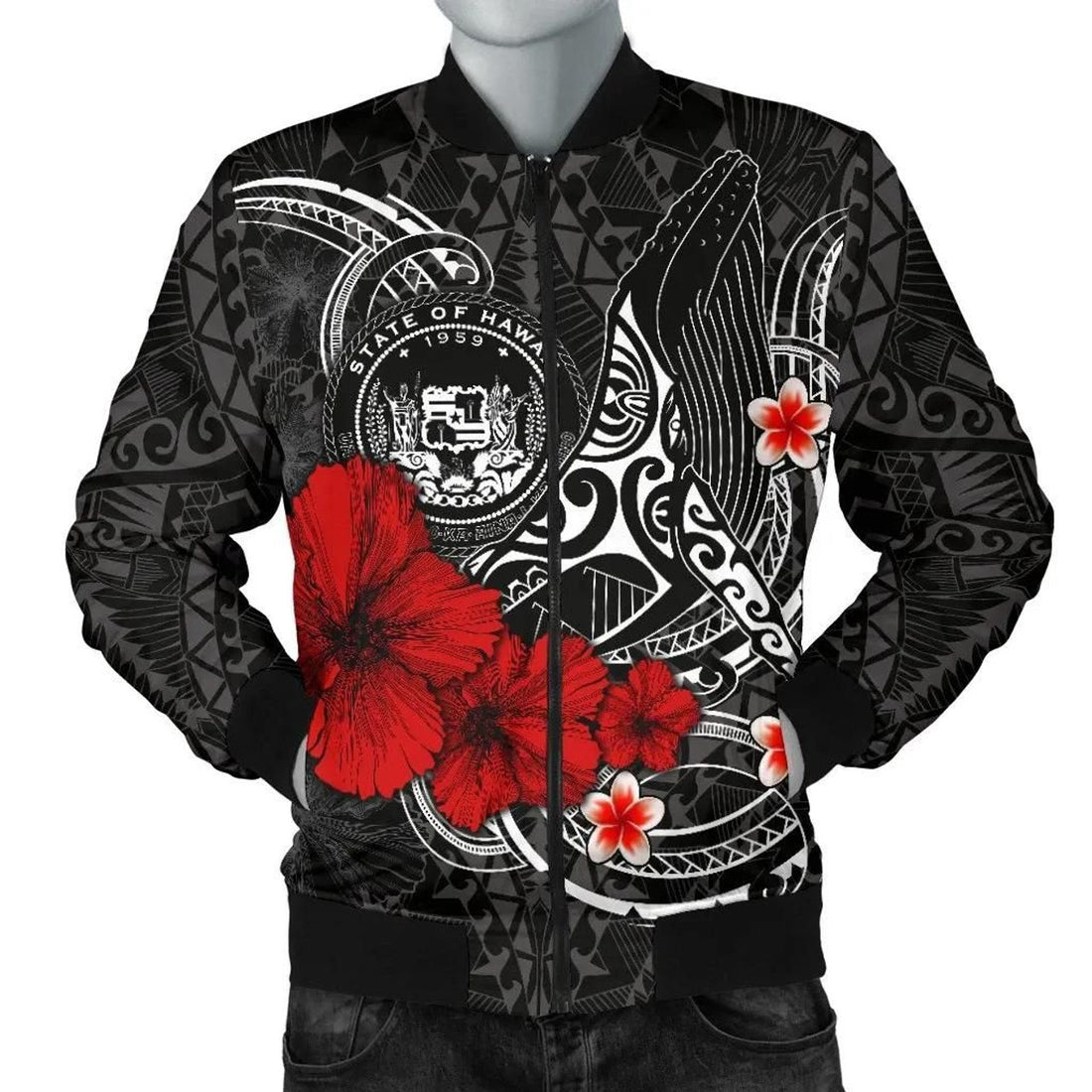 FUNSTUFFPRINT Polynesian Hawaii Men's Bomber Jacket - Humpback Whale with Hibiscus (White) - 3D Bomber Jacket