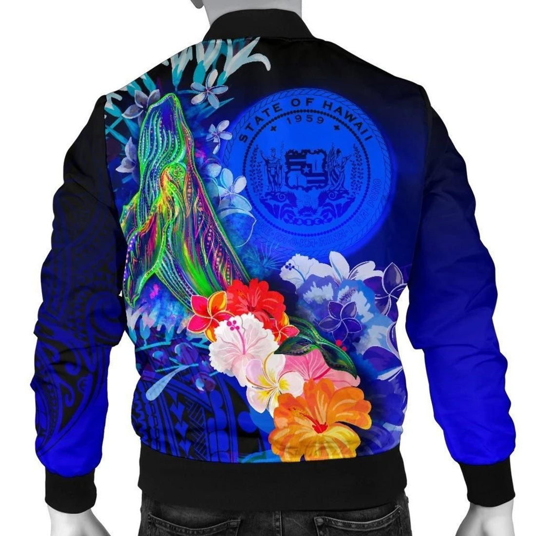 FUNSTUFFPRINT Polynesian Hawaii Men's Bomber Jacket - Humpback Whale with Tropical Flowers (Blue)- 3D Bomber Jacket