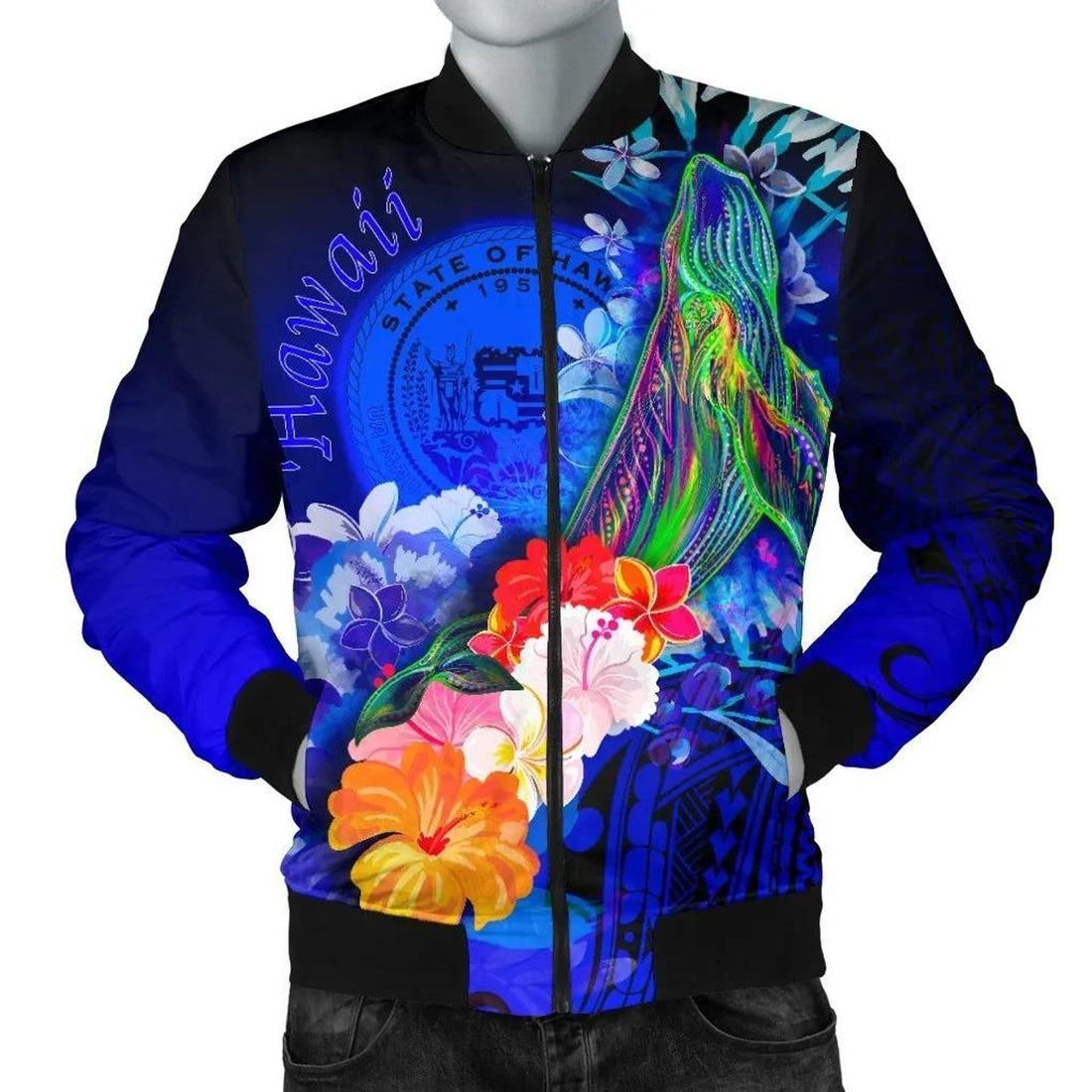 FUNSTUFFPRINT Polynesian Hawaii Men's Bomber Jacket - Humpback Whale with Tropical Flowers (Blue)- 3D Bomber Jacket