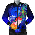 FUNSTUFFPRINT Polynesian Hawaii Men's Bomber Jacket - Humpback Whale with Tropical Flowers (Blue)- 3D Bomber Jacket