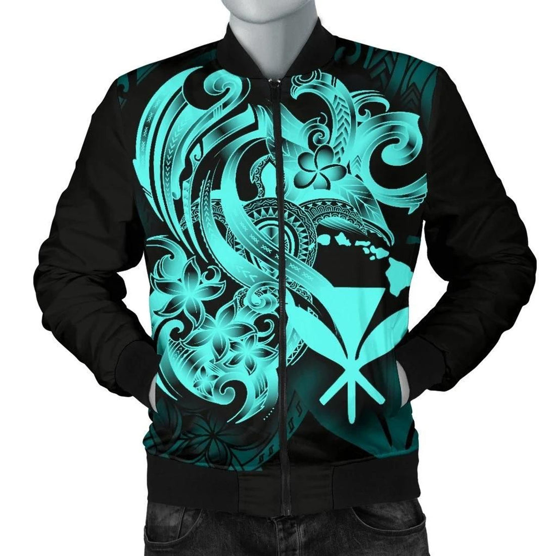 FUNSTUFFPRINT Polynesian Hawaii Men's Bomber Jacket - Kanaka Maoli Blue Turtle - 3D Bomber Jacket