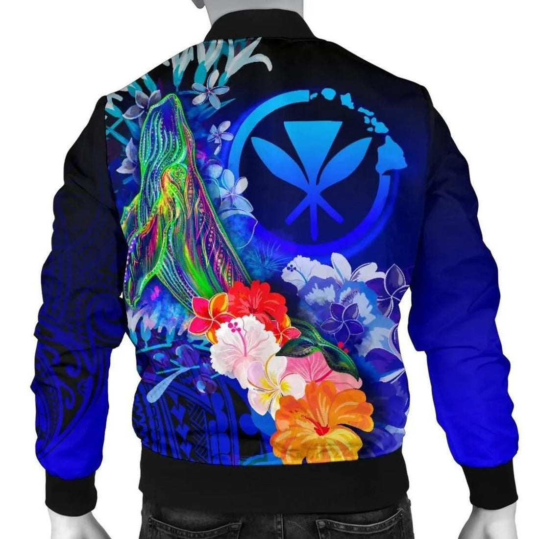 FUNSTUFFPRINT Polynesian Hawaii Men's Bomber Jacket - Kanaka Maoli Humpback Whale with Tropical Flowers (Blue)- 3D Bomber Jacket