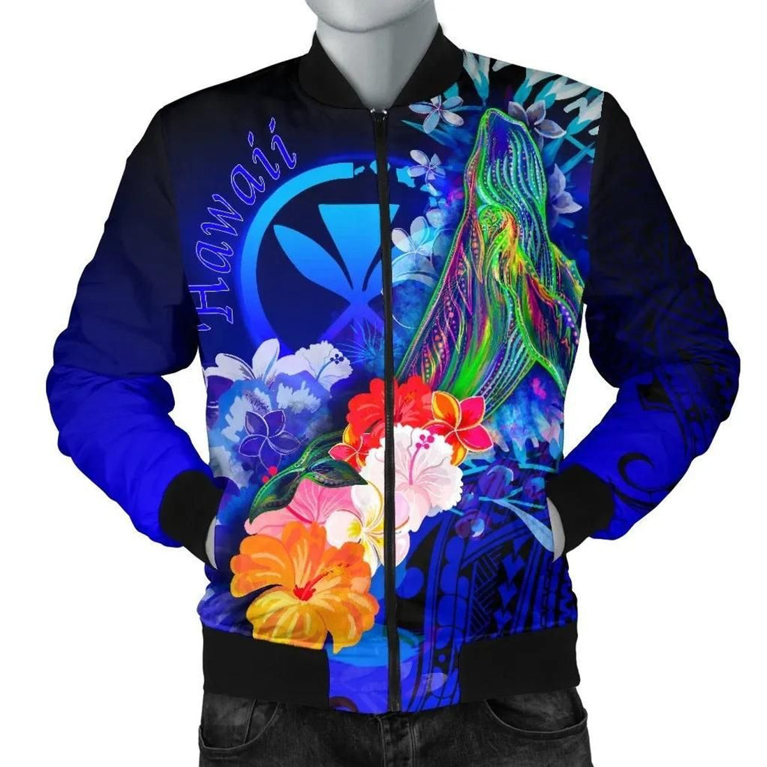 FUNSTUFFPRINT Polynesian Hawaii Men's Bomber Jacket - Kanaka Maoli Humpback Whale with Tropical Flowers (Blue)- 3D Bomber Jacket