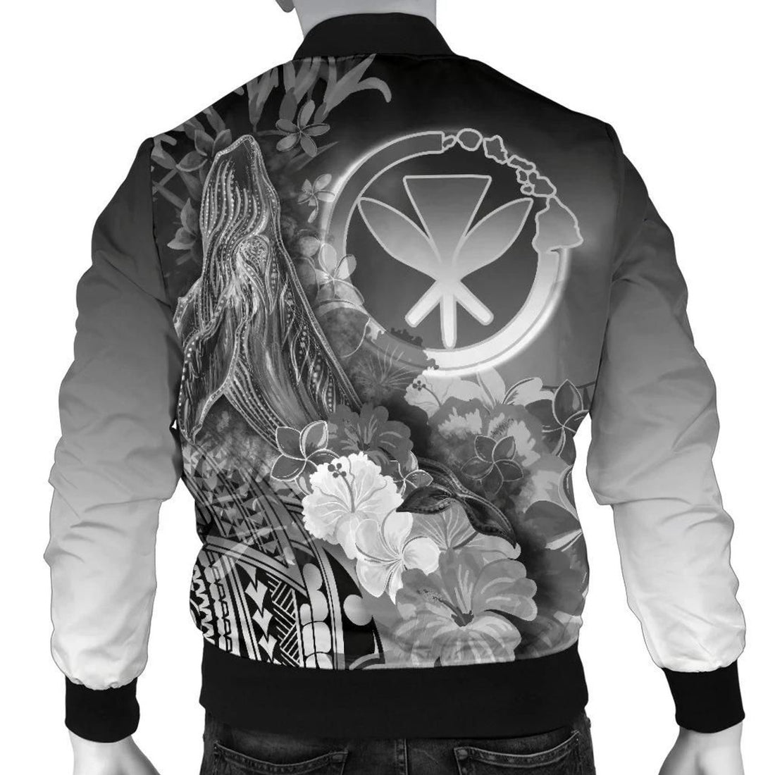 FUNSTUFFPRINT Polynesian Hawaii Men's Bomber Jacket - Kanaka Maoli Humpback Whale with Tropical Flowers (White)- 3D Bomber Jacket