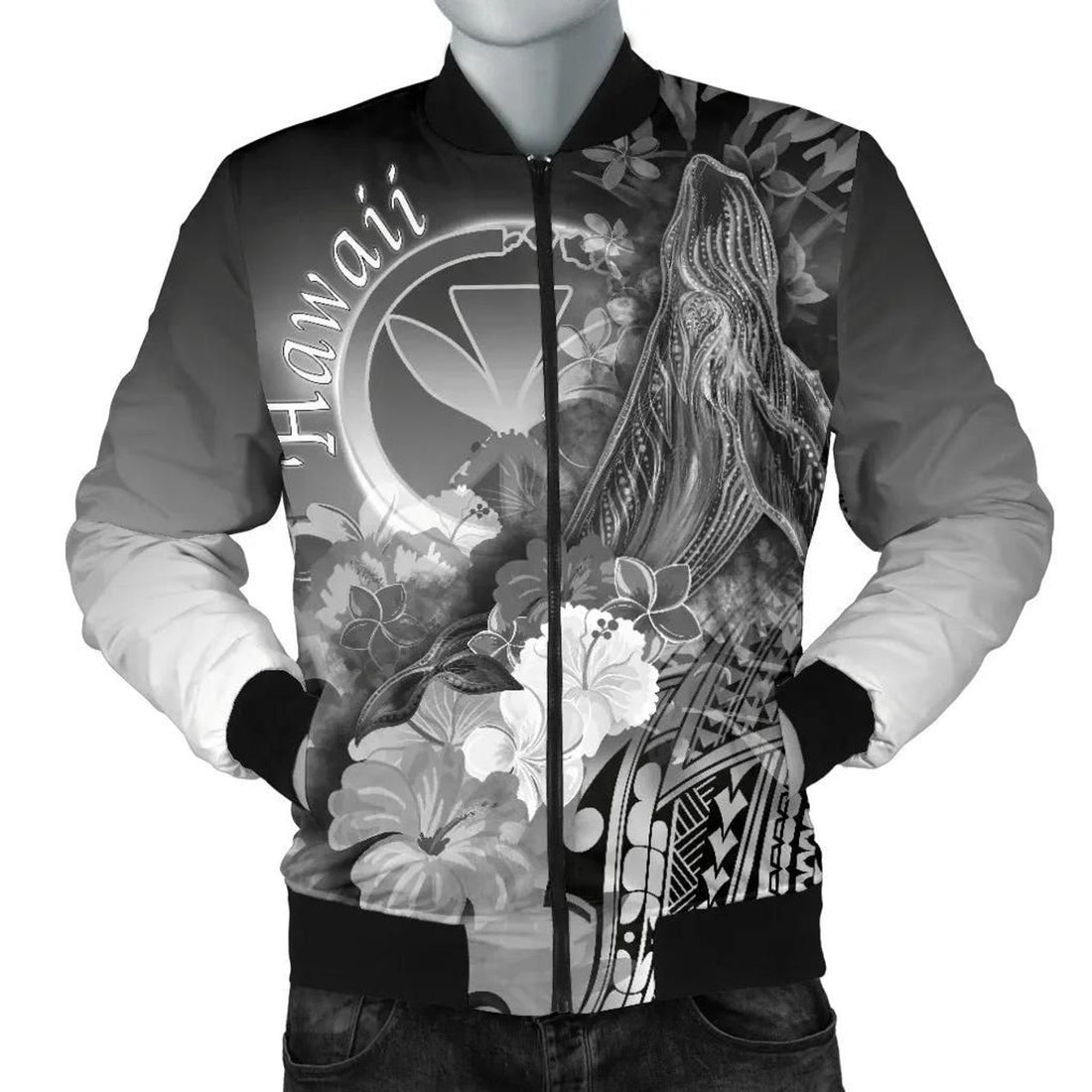 FUNSTUFFPRINT Polynesian Hawaii Men's Bomber Jacket - Kanaka Maoli Humpback Whale with Tropical Flowers (White)- 3D Bomber Jacket