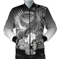 FUNSTUFFPRINT Polynesian Hawaii Men's Bomber Jacket - Kanaka Maoli Humpback Whale with Tropical Flowers (White)- 3D Bomber Jacket