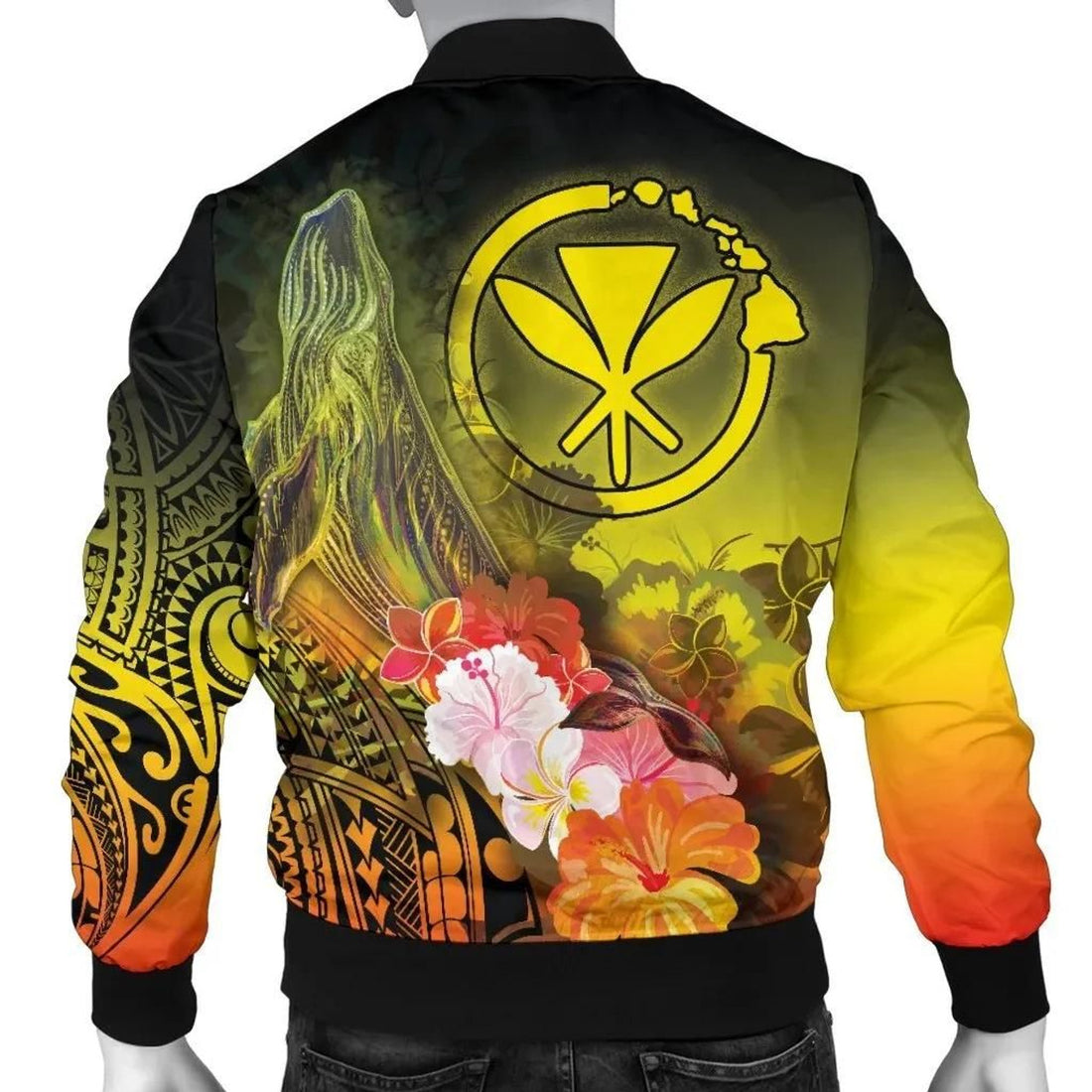 FUNSTUFFPRINT Polynesian Hawaii Men's Bomber Jacket - Kanaka Maoli Humpback Whale with Tropical Flowers (Yellow)- 3D Bomber Jacket
