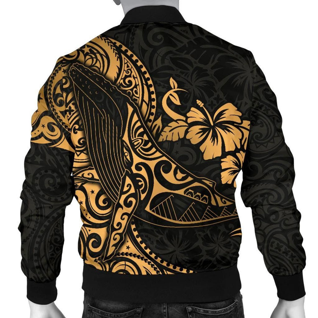 FUNSTUFFPRINT Polynesian Hawaii Men's Bomber Jacket - Polynesian Golden Humpback Whale - 3D Bomber Jacket
