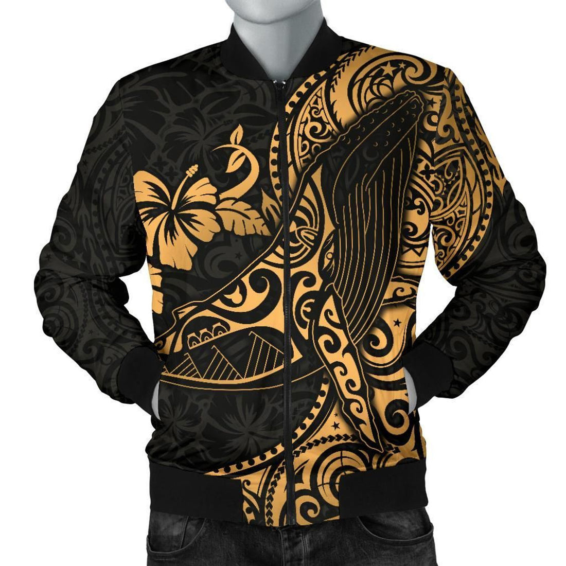 FUNSTUFFPRINT Polynesian Hawaii Men's Bomber Jacket - Polynesian Golden Humpback Whale - 3D Bomber Jacket
