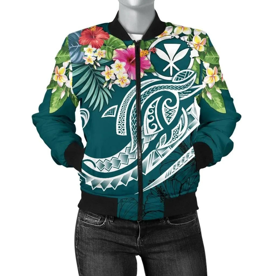 FUNSTUFFPRINT Polynesian Kanaka Maoli Women's Bomber Jacket - Summer Plumeria - 3D Bomber Jacket