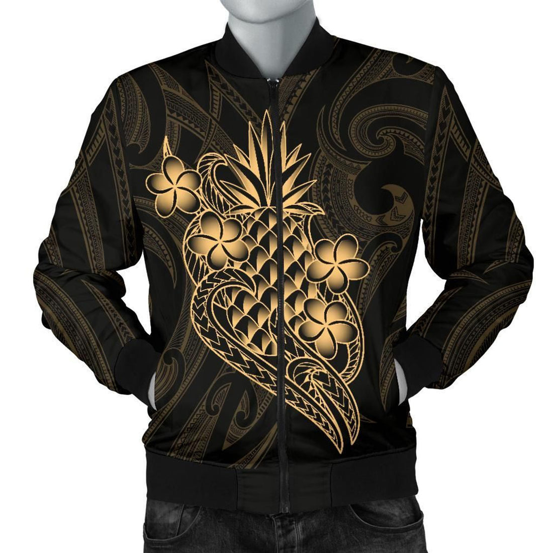 FUNSTUFFPRINT Polynesian Men's Bomber Jacket - Gold Pineapple - 3D Bomber Jacket