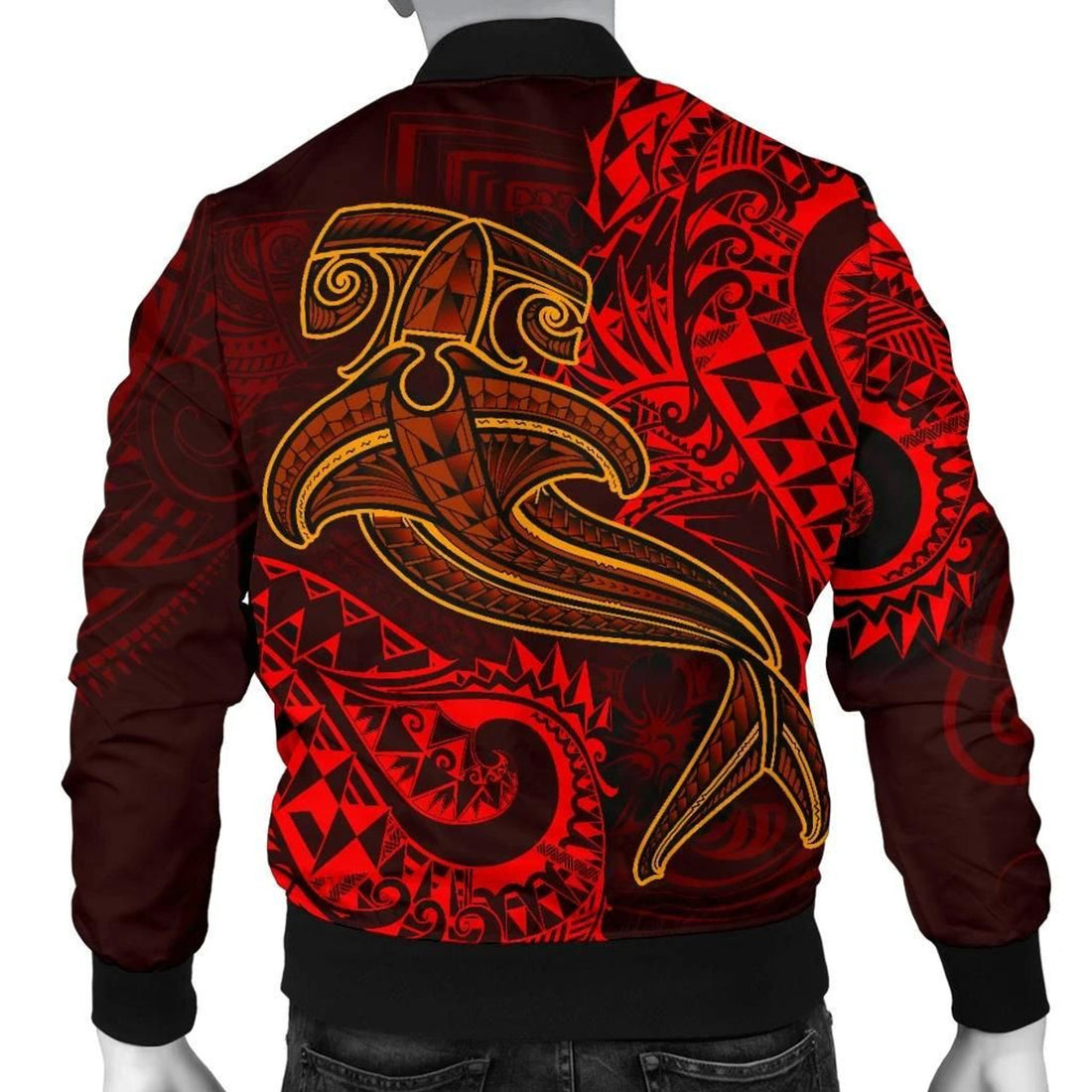 FUNSTUFFPRINT Polynesian Men's Bomber Jacket - Red Shark Polynesian Tattoo - 3D Bomber Jacket
