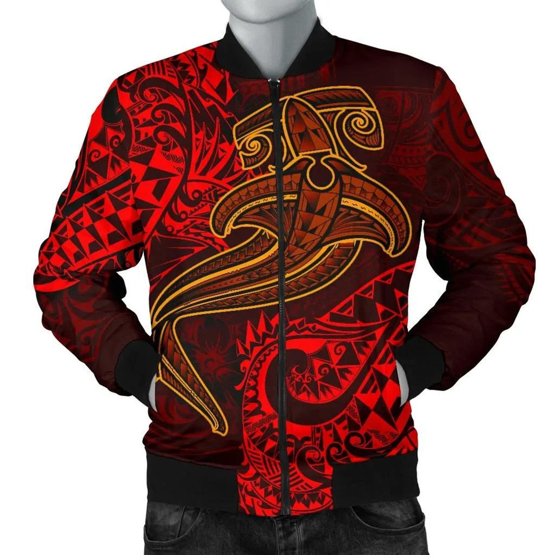 FUNSTUFFPRINT Polynesian Men's Bomber Jacket - Red Shark Polynesian Tattoo - 3D Bomber Jacket