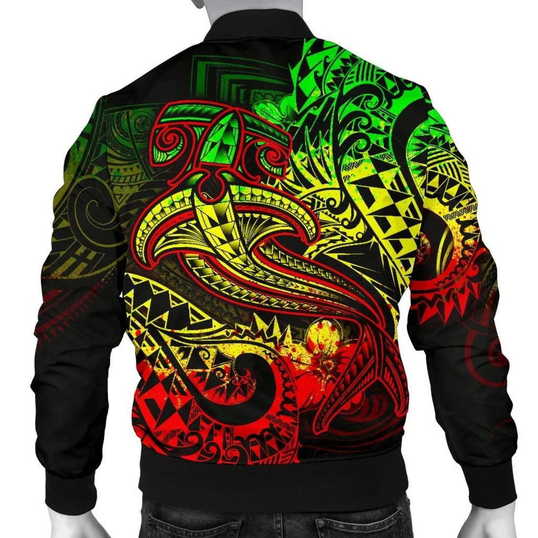 FUNSTUFFPRINT Polynesian Men's Bomber Jacket - Reggae Shark Polynesian Tattoo - 3D Bomber Jacket