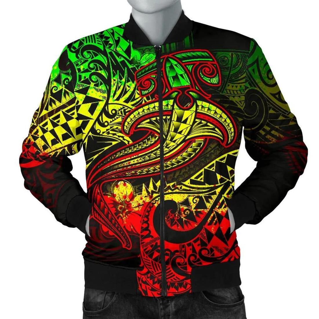 FUNSTUFFPRINT Polynesian Men's Bomber Jacket - Reggae Shark Polynesian Tattoo - 3D Bomber Jacket