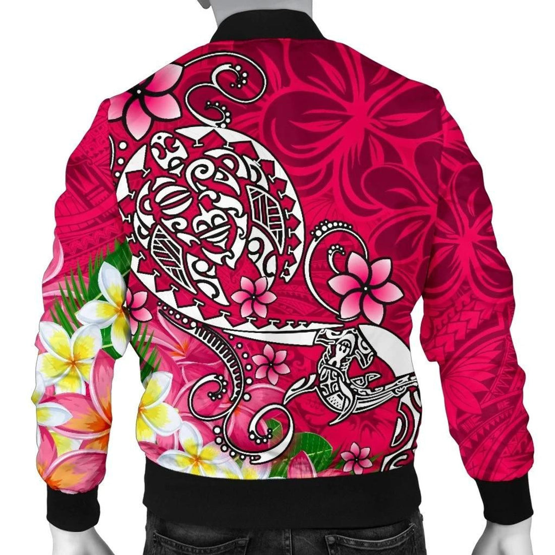 FUNSTUFFPRINT Polynesian Men's Bomber Jacket - Turtle Plumeria Pink Color - 3D Bomber Jacket