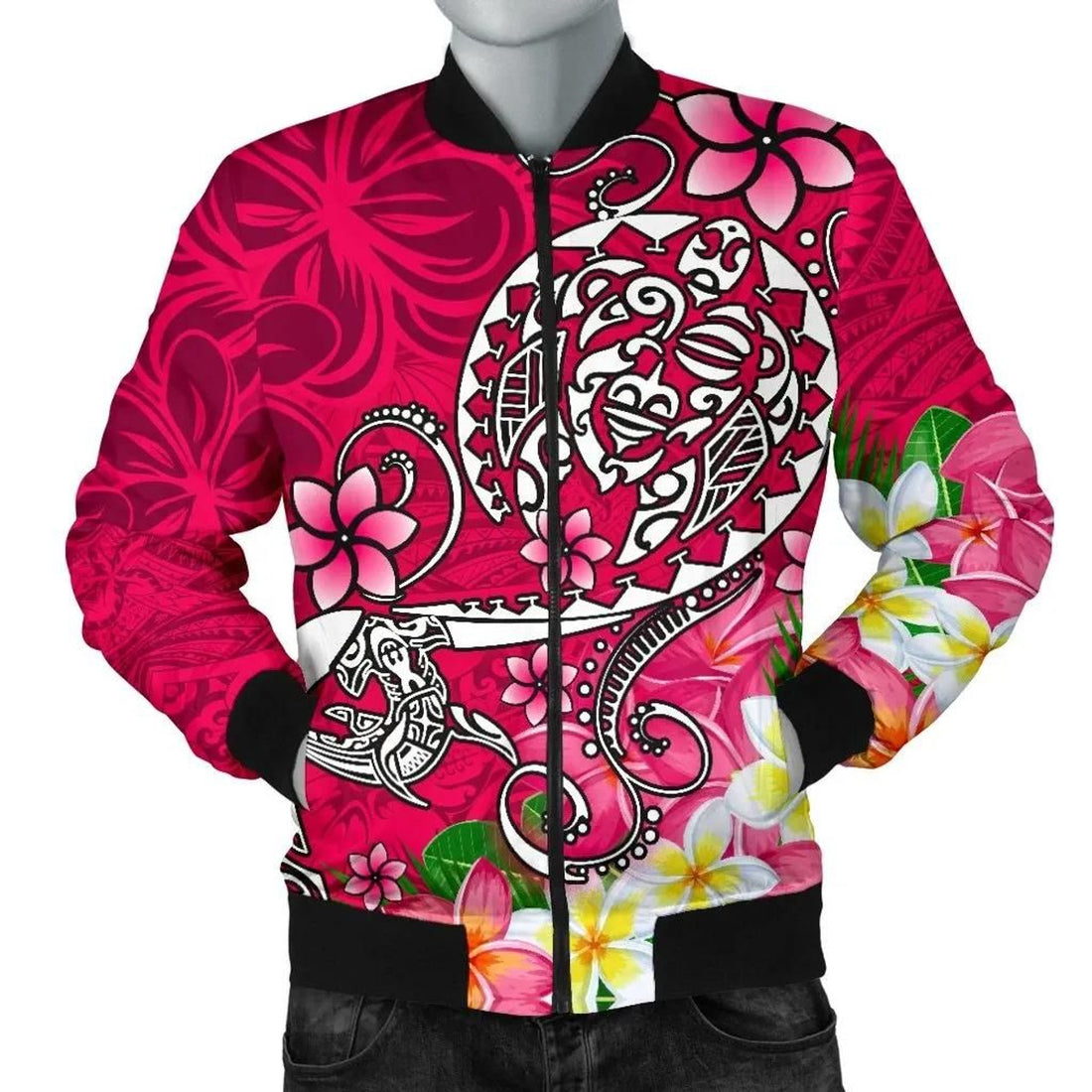 FUNSTUFFPRINT Polynesian Men's Bomber Jacket - Turtle Plumeria Pink Color - 3D Bomber Jacket