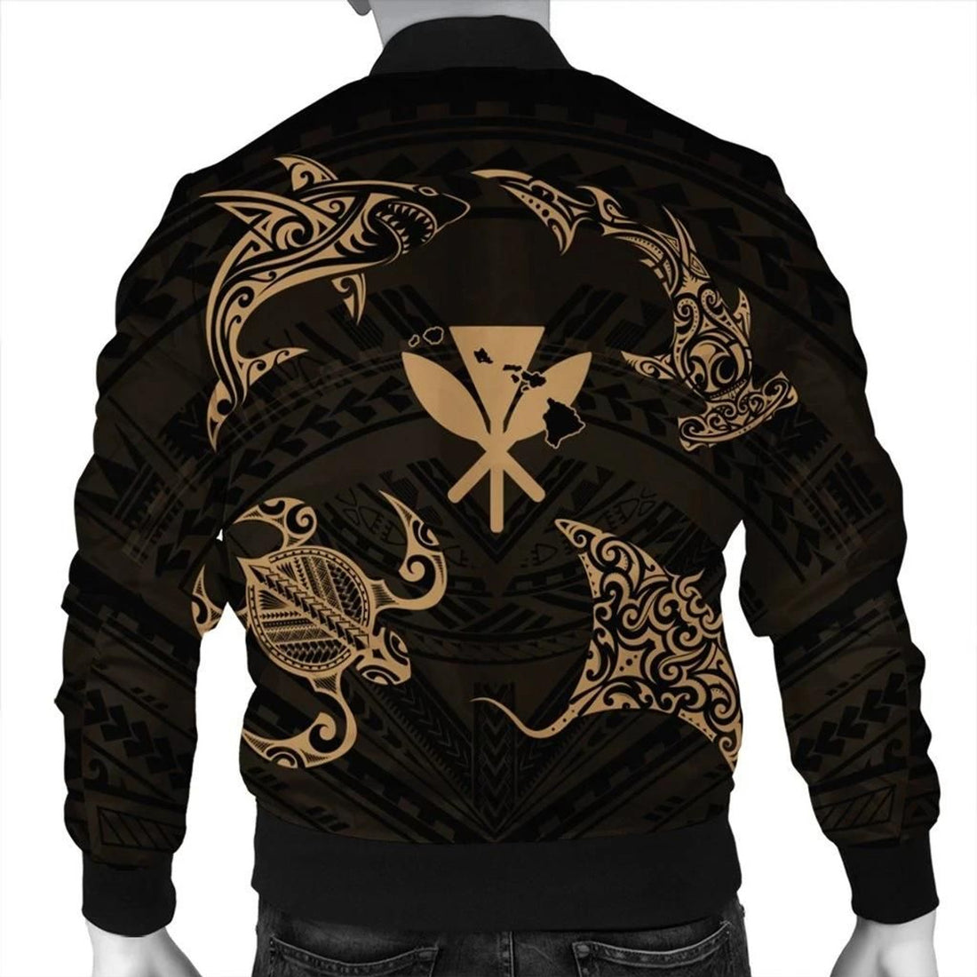 FUNSTUFFPRINT Polynesian Turtle Hammerhead Shark Ray Kanaka Hawaii Bomber Jacket Circle Gold - AH - R 3D Bomber Jacket