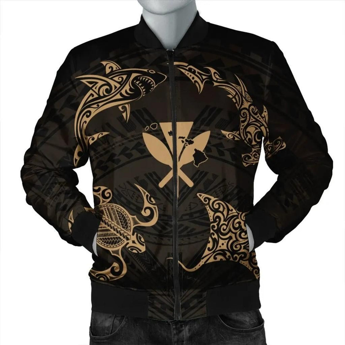 FUNSTUFFPRINT Polynesian Turtle Hammerhead Shark Ray Kanaka Hawaii Bomber Jacket Circle Gold - AH - R 3D Bomber Jacket