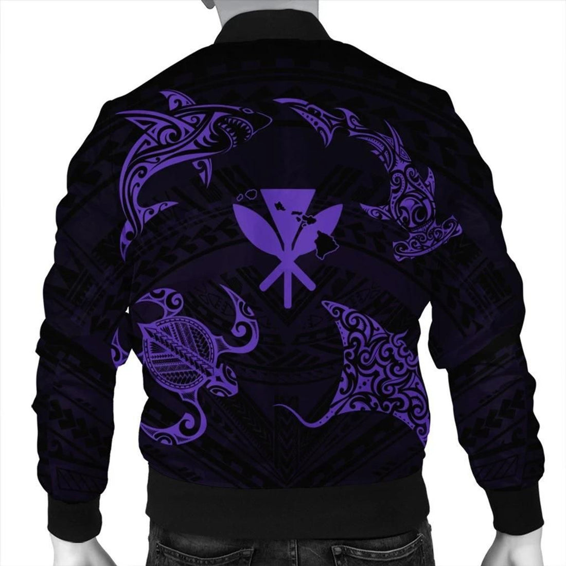 FUNSTUFFPRINT Polynesian Turtle Hammerhead Shark Ray Kanaka Hawaii Bomber Jacket Circle Purple - AH - R 3D Bomber Jacket
