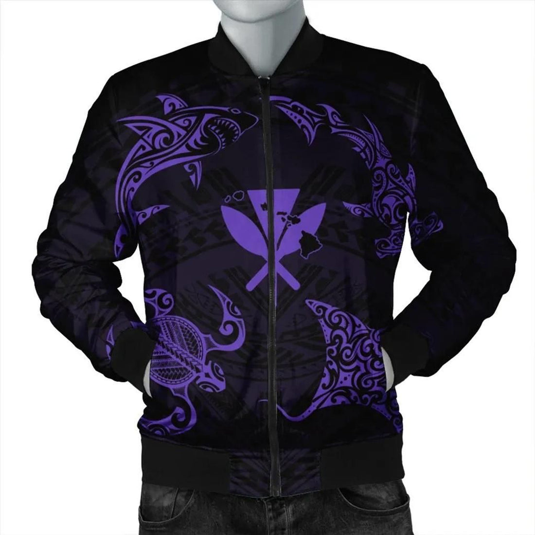 FUNSTUFFPRINT Polynesian Turtle Hammerhead Shark Ray Kanaka Hawaii Bomber Jacket Circle Purple - AH - R 3D Bomber Jacket