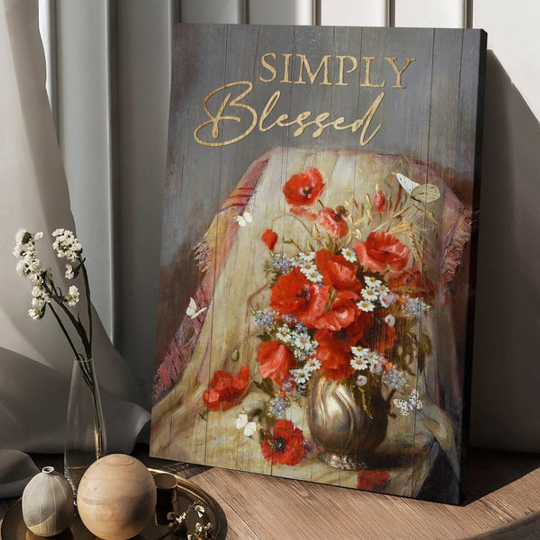 Poppy Drawing Butterfly Jesus Simply Blessed Canvas Wall Art - Christian Wall Posters - Religious Wall Decor