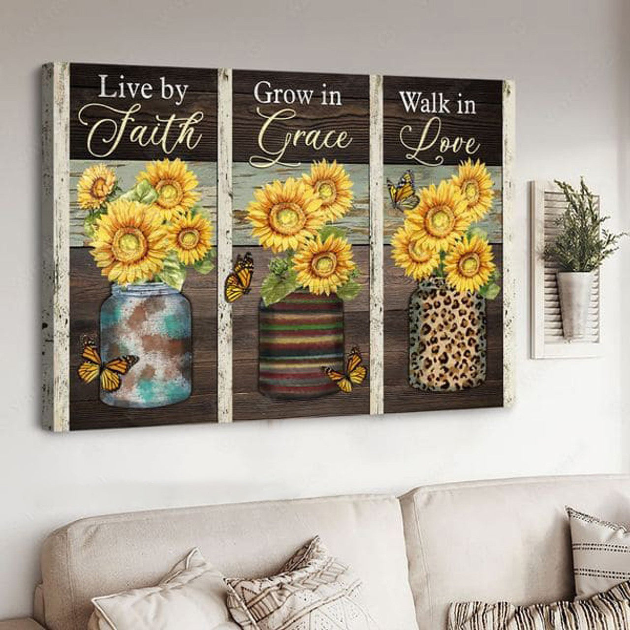 Poster Decor, Butterfly Flower, Live By Faith Grow In Grace Walk In Love Poster and Canvas