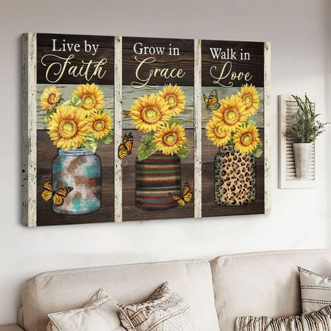 Poster Decor, Butterfly Flower, Live By Faith Grow In Grace Walk In Love Poster and Canvas