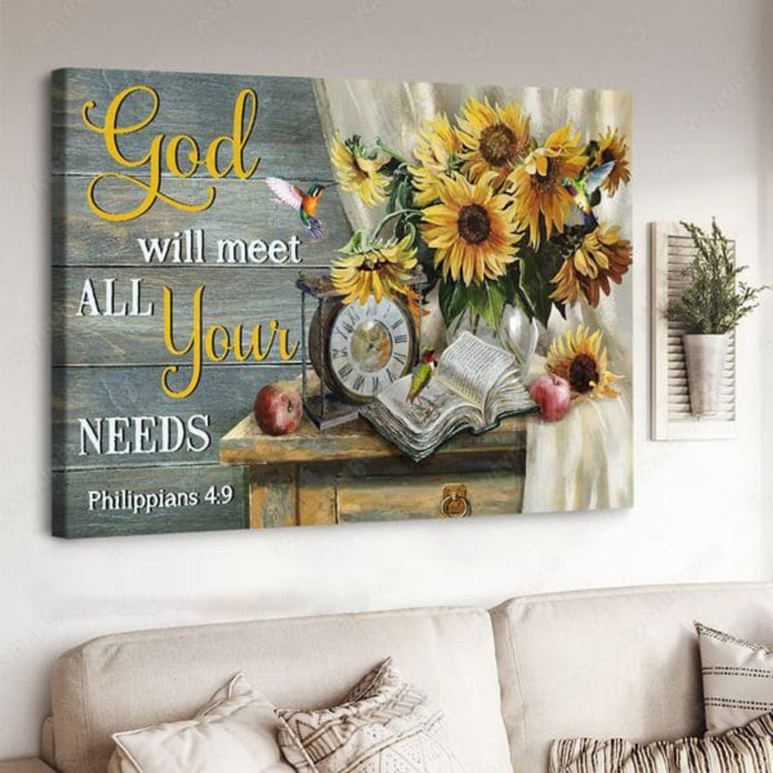 Poster Decor, God Will Meet All Your Needs, Humming Bird, Sunflower Poster and Canvas