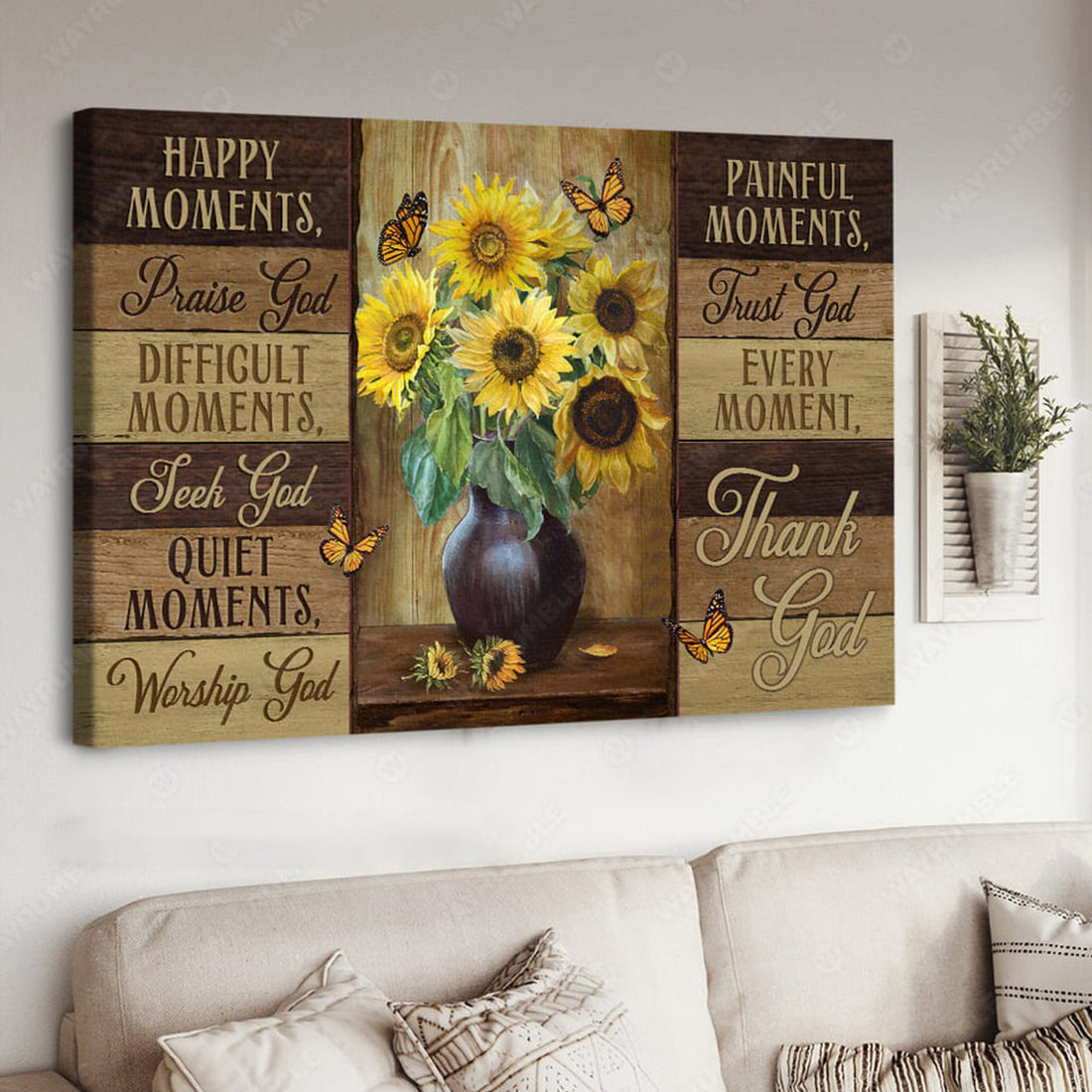 Poster Decor, Happy Moments Praise God Difficult Moments Seek God Quiet Moments Workship God Painful Moments, Butterfly Flower Poster and Canvas