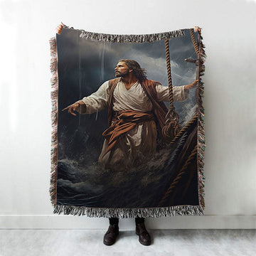 Power Jesus Christ Came To Rescue A Fishing Boat Woven Blanket Prints - Jesus Woven Blanket Art - Christian Throw Blanket Decor