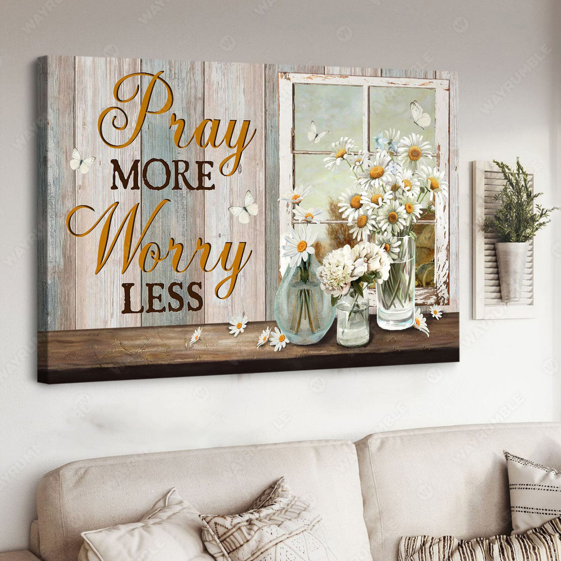Pray More Worry Less, Butterfly Flower, Poster Decor Poster and Canvas