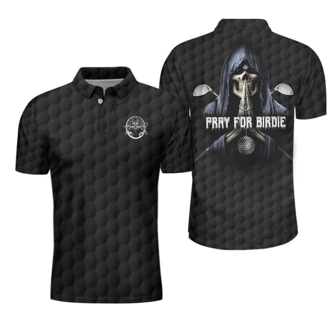 Pray For Birdie Golfing Skeleton Polo Shirt, Black Golf Pattern Skull Polo Shirt, Best Golf Shirt For Men