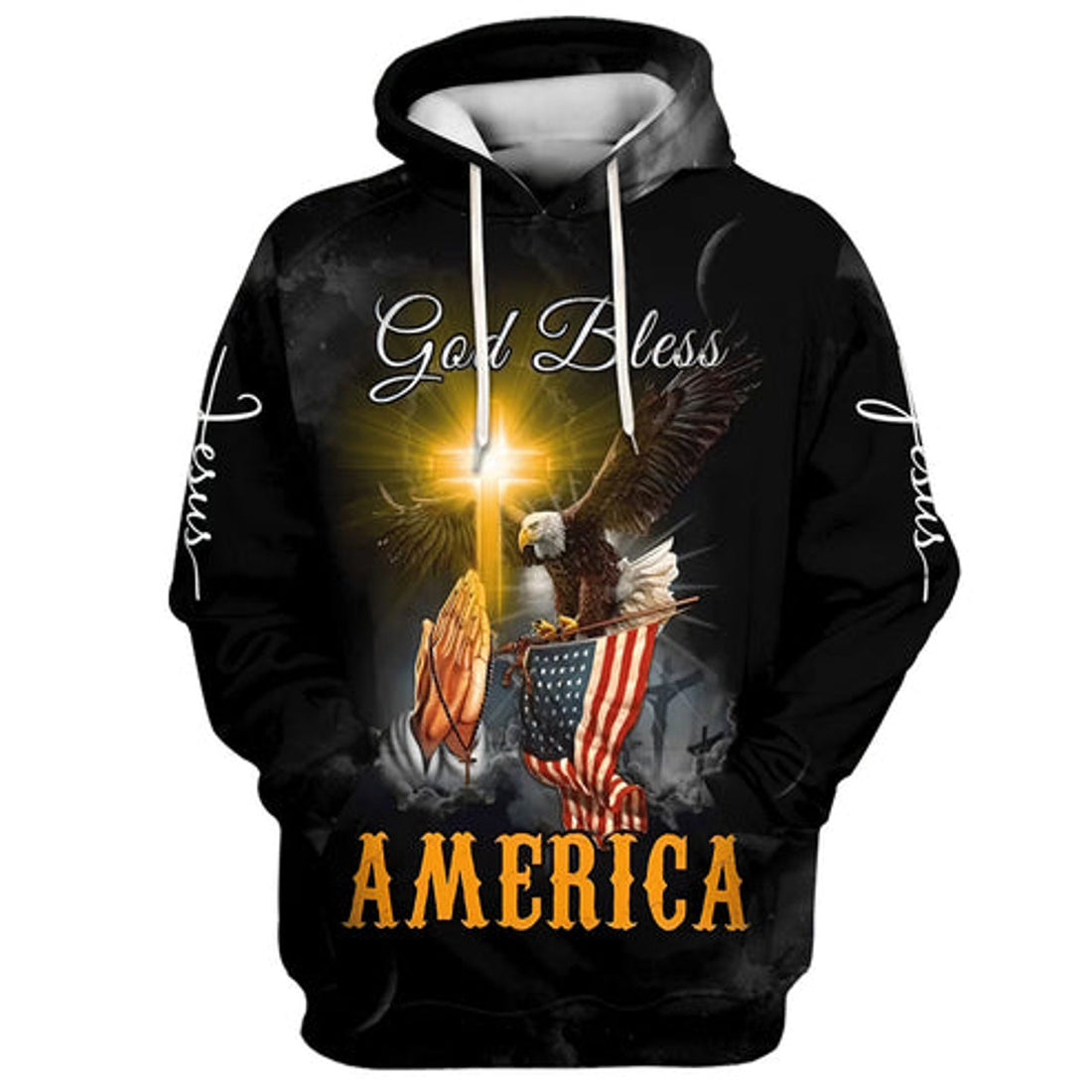 FUNSTUFFPRINT 3D Praying Hand Eagle US Flag Christ Cross God Bless America Hoodies Jesus 3D Hoodie and Zip Hoodie