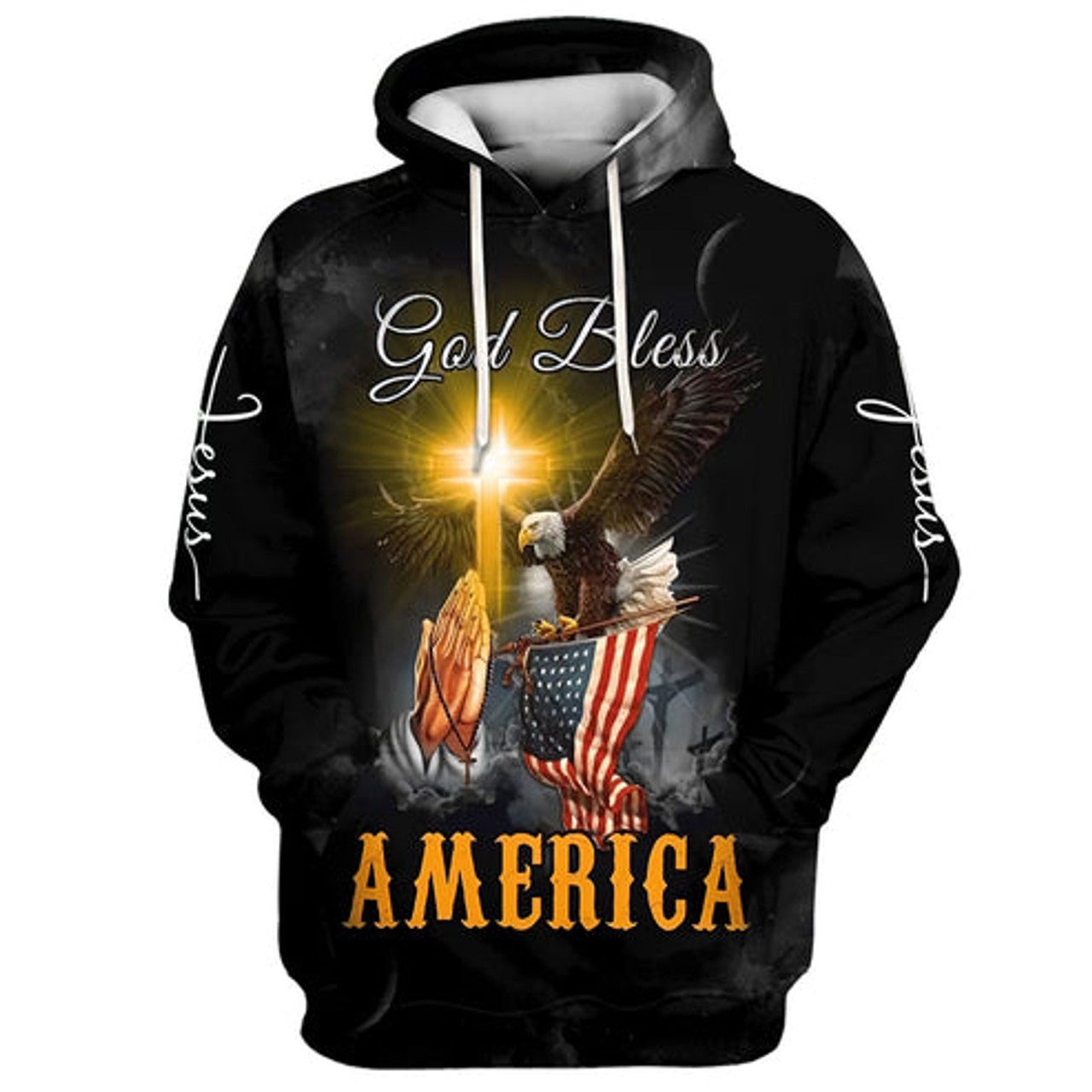 FUNSTUFFPRINT 3D Praying Hand Eagle US Flag Christ Cross God Bless America Hoodies Jesus 3D Hoodie and Zip Hoodie
