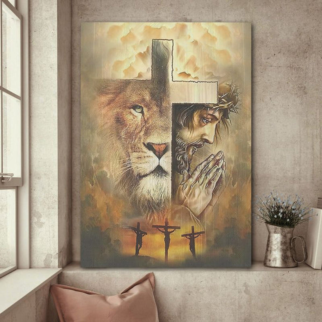 Praying With Jesus Lion Of Judah Cross Canvas Wall Art - Christian Wall Posters - Religious Wall Decor